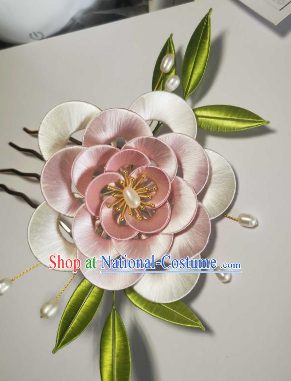 Chinese Traditional Pearls Hair Jewelry Handmade Pink Silk Camellia Hairpin Ancient Princess Hair Comb