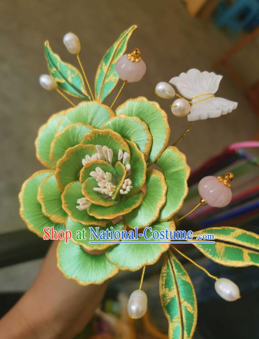 Chinese Traditional Shell Butterfly Hair Jewelry Handmade Green Silk Peony Hairpin Ancient Princess Pearls Hair Stick