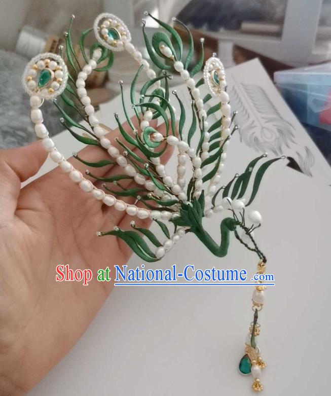 Chinese Ancient Queen Pearls Hair Crown Traditional Hair Jewelry Handmade Green Phoenix Hairpin