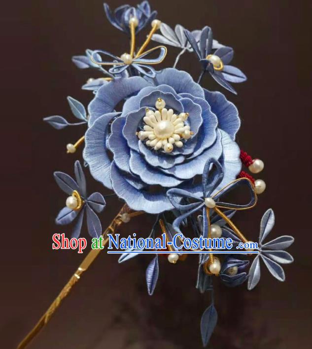 China Ming Dynasty Blue Silk Peony Hairpin Handmade Ancient Princess Hair Stick Traditional Hair Accessories