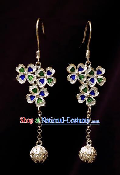 Chinese Traditional Handmade Silver Four Leaf Clover Earrings Accessories National Enamel Ear Jewelry