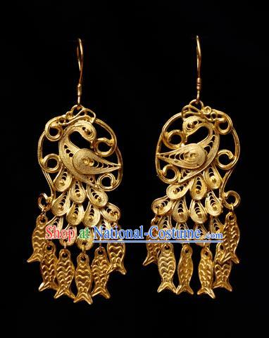 Chinese Ancient Empress Fish Tassel Ear Jewelry Traditional Hanfu Golden Peacock Earrings Accessories