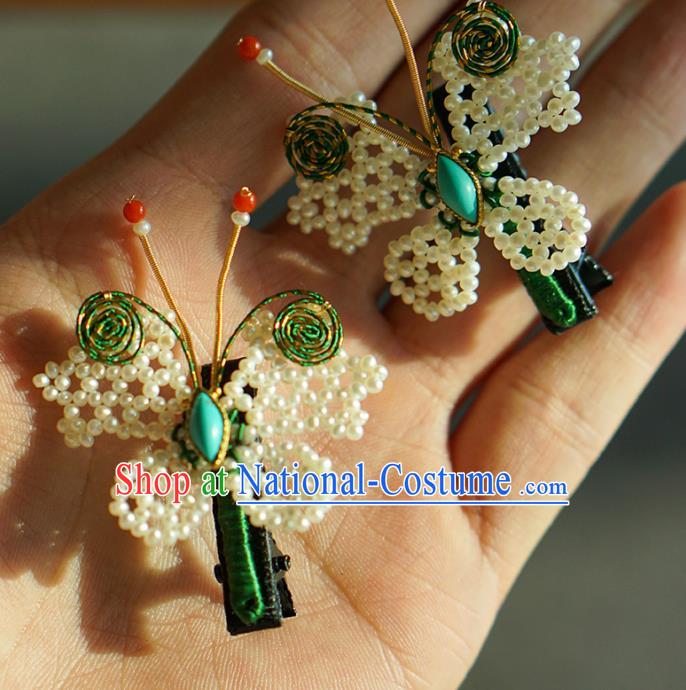 China Ancient Empress Pearls Butterfly Hairpin Traditional Court Ruby Hair Jewelry Qing Dynasty Kallaite Hair Claw