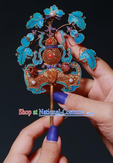 China Handmade Qing Dynasty Queen Gems Hairpin Ancient Empress Filigree Bat Gourd Hair Stick Traditional Hair Jewelry