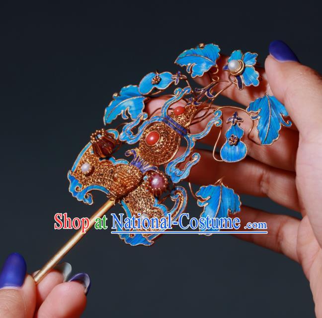 China Handmade Qing Dynasty Queen Gems Hairpin Ancient Empress Filigree Bat Gourd Hair Stick Traditional Hair Jewelry