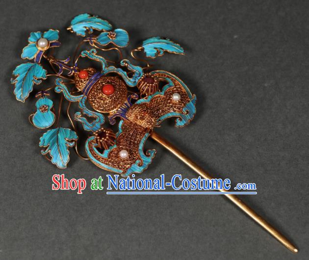 China Handmade Qing Dynasty Queen Gems Hairpin Ancient Empress Filigree Bat Gourd Hair Stick Traditional Hair Jewelry