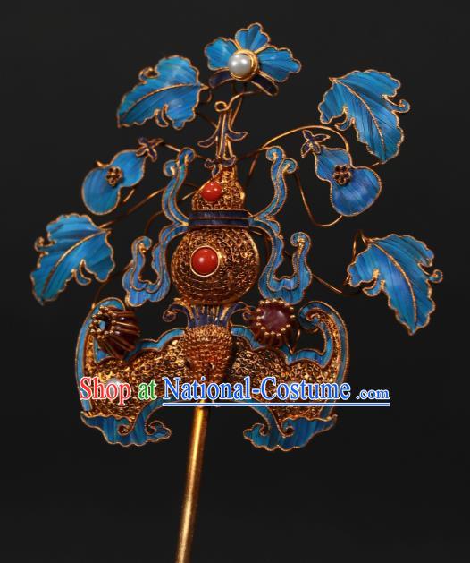 China Handmade Qing Dynasty Queen Gems Hairpin Ancient Empress Filigree Bat Gourd Hair Stick Traditional Hair Jewelry