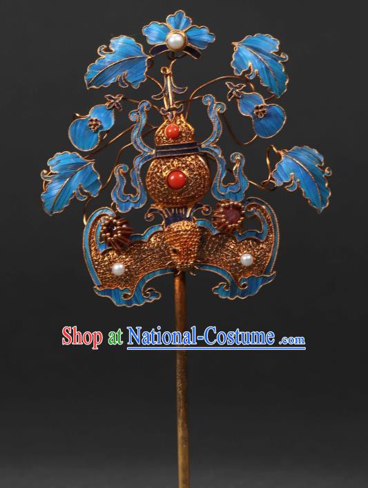 China Handmade Qing Dynasty Queen Gems Hairpin Ancient Empress Filigree Bat Gourd Hair Stick Traditional Hair Jewelry