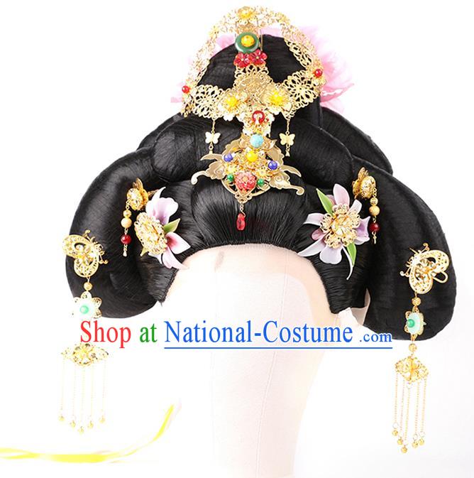 Chinese Ancient Court Woman Wig Sheath Traditional Tang Dynasty Imperial Consort Yang Wigs Chignon and Hair Accessories