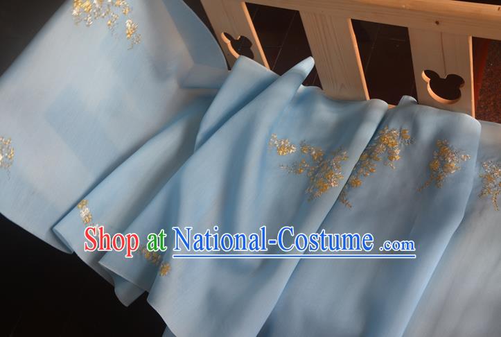 Chinese Traditional Hanfu Silk Fabric Embroidered Blue Silk