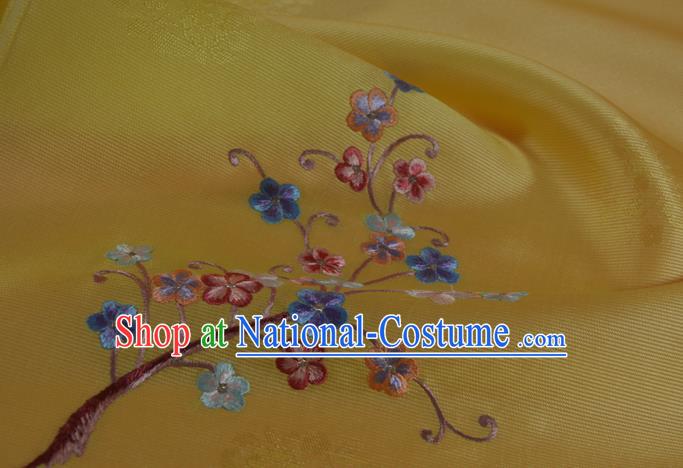 Chinese Yellow Silk Material Traditional Hanfu Embroidered Plum Blossom Silk Fabric