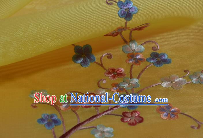 Chinese Yellow Silk Material Traditional Hanfu Embroidered Plum Blossom Silk Fabric