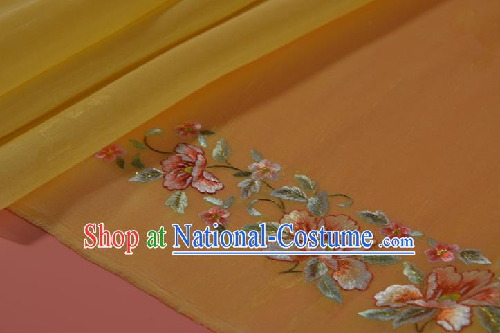 Chinese Embroidered Flowers Silk Material Traditional Hanfu Yellow Silk Fabric