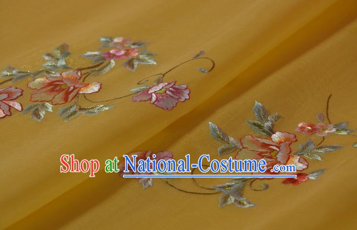 Chinese Embroidered Flowers Silk Material Traditional Hanfu Yellow Silk Fabric