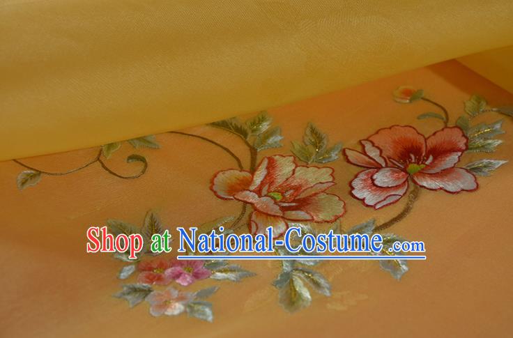 Chinese Embroidered Flowers Silk Material Traditional Hanfu Yellow Silk Fabric