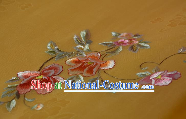 Chinese Traditional Hanfu Yellow Silk Fabric Embroidered Flowers Silk Material