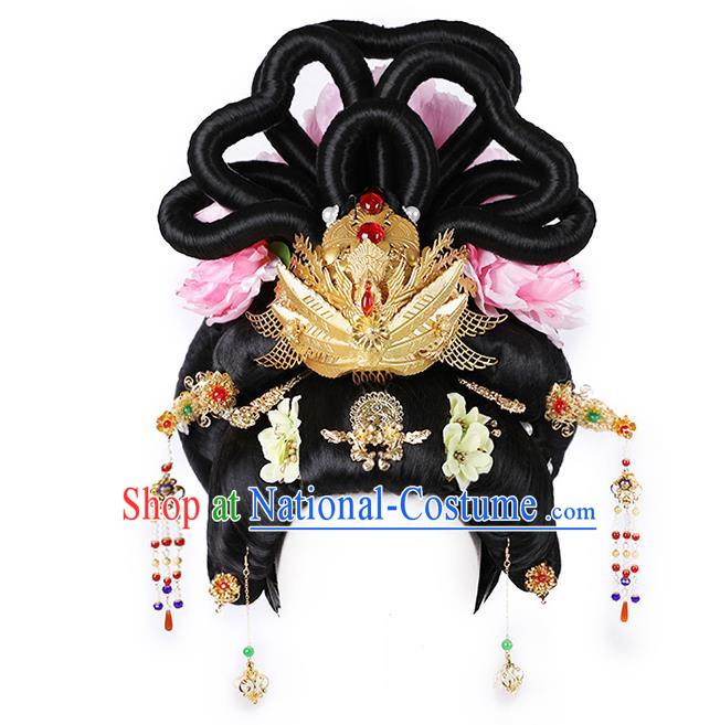 Chinese Ancient Queen Wig Sheath Traditional Tang Dynasty Imperial Consort Wigs Chignon and Hairpins