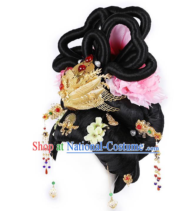 Chinese Ancient Queen Wig Sheath Traditional Tang Dynasty Imperial Consort Wigs Chignon and Hairpins