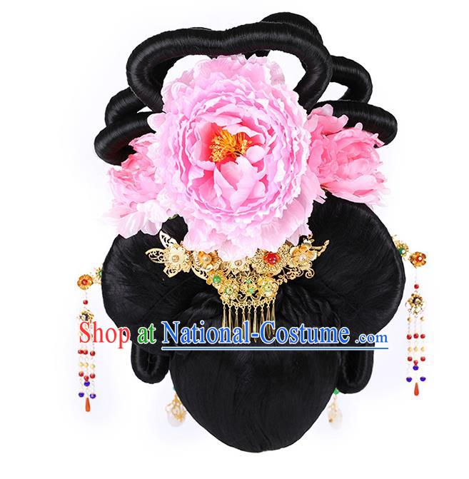 Chinese Ancient Queen Wig Sheath Traditional Tang Dynasty Imperial Consort Wigs Chignon and Hairpins