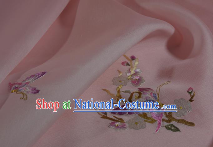 Chinese Classical Butterfly Plum Pattern Silk Material Traditional Hanfu Dress Embroidered Light Pink Silk Fabric