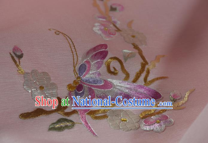 Chinese Classical Butterfly Plum Pattern Silk Material Traditional Hanfu Dress Embroidered Light Pink Silk Fabric