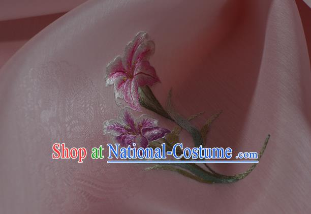 Chinese Traditional Hanfu Dress Jacquard Peacock Pink Silk Fabric Classical Embroidered Lily Flowers Pattern Silk Material