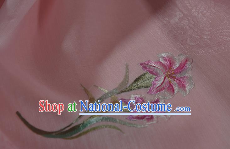 Chinese Traditional Hanfu Dress Jacquard Peacock Pink Silk Fabric Classical Embroidered Lily Flowers Pattern Silk Material