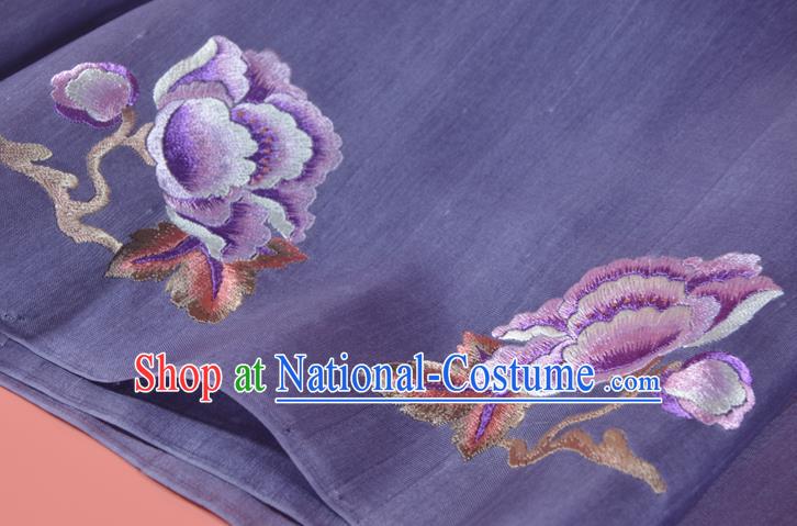 Chinese Traditional Hanfu Dark Purple Silk Fabric Classical Embroidered Peony Silk Material