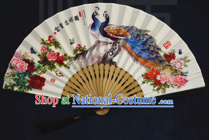 China Classical Painting Peacock Peony Silk Fan Traditional Folding Fan Handmade Accordion