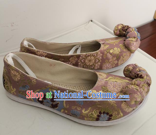 China Classical Chrysanthemum Pattern Pink Brocade Shoes Traditional Song Dynasty Hanfu Shoes Handmade Ancient Princess Satin Shoes