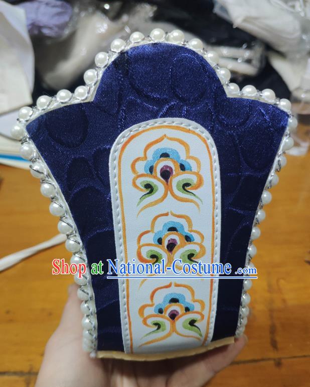 Chinese Handmade Han Dynasty Emperor Royalblue Brocade Shoes Traditional Hanfu Pearls Shoes