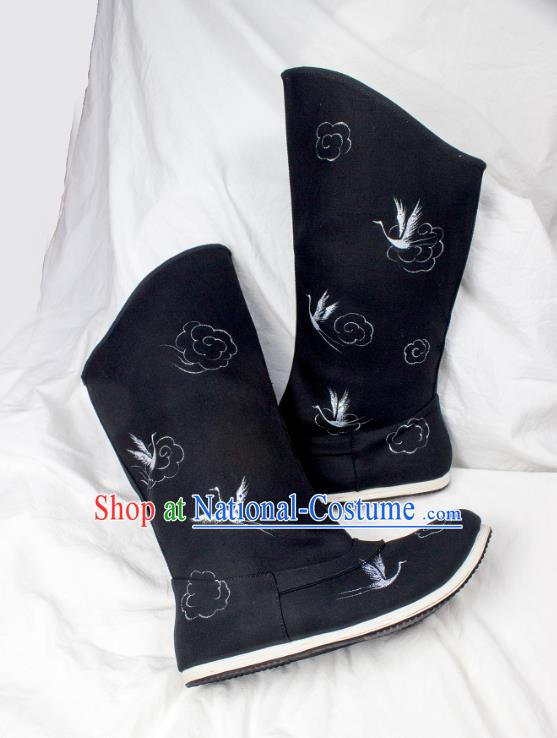 Chinese Traditional Ming Dynasty Swordsman Shoes Handmade Ancient Imperial Guard Painting Cranes Black Boots