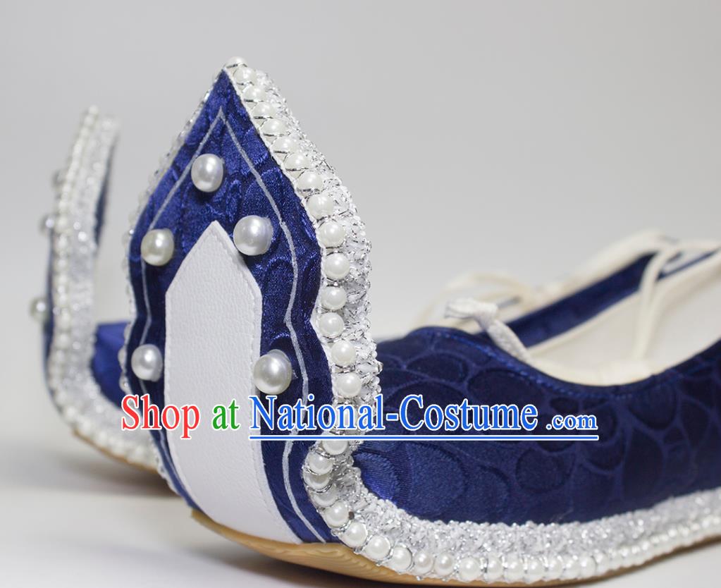 China Tang Dynasty Hanfu Shoes Classical Royalblue Brocade Shoes Traditional Wedding Pearls Shoes