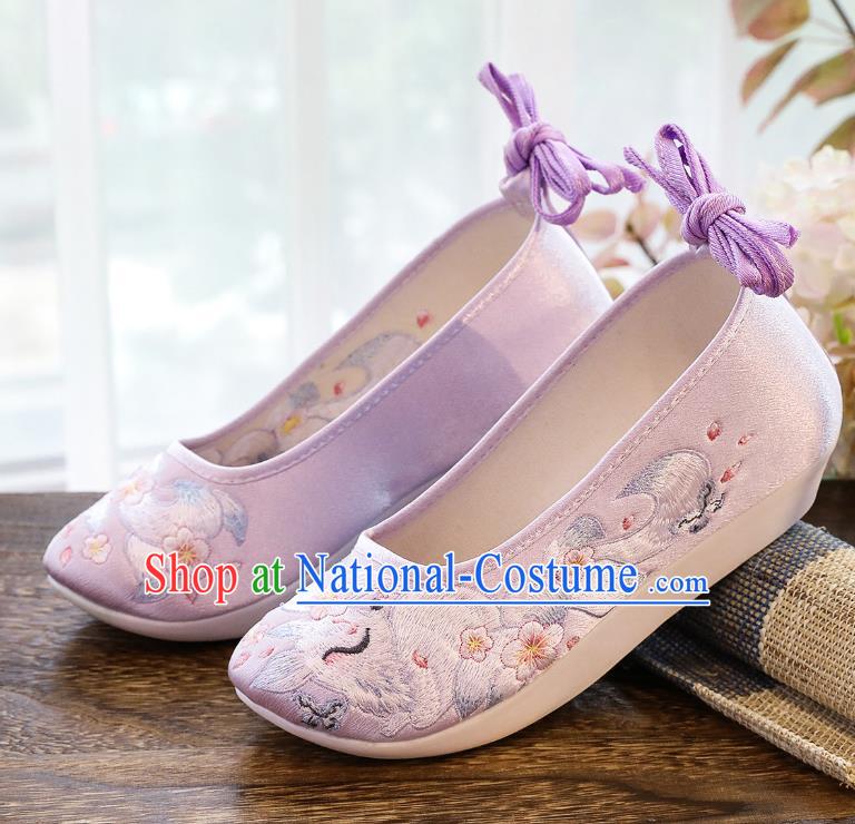 China Winter Women Shoes Classical Embroidered Fox Lilac Satin Shoes Traditional Hanfu Shoes