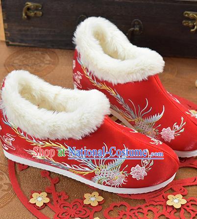 China National Ankle Boots Embroidered Phoenix Red Cloth Shoes Traditional Winter Shoes