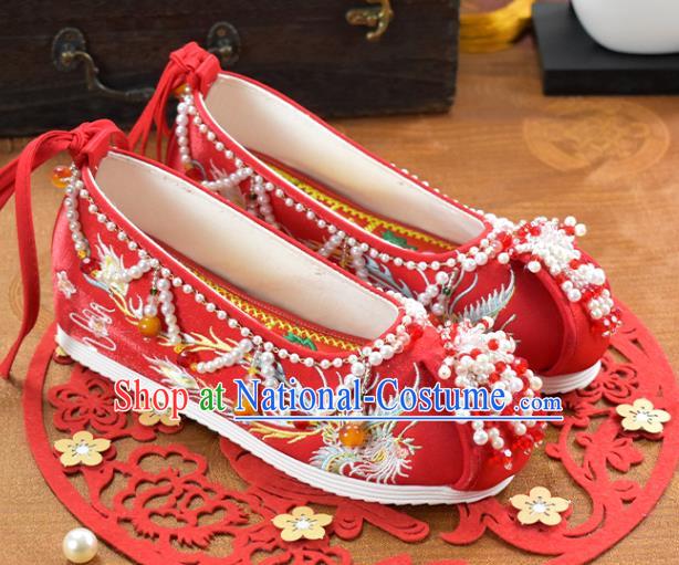 China Traditional Hanfu Shoes National Embroidered Phoenix Red Cloth Shoes Wedding Pearls Shoes