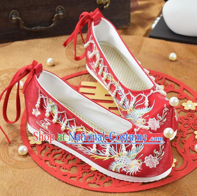 China Traditional Wedding Shoes Women Hanfu Shoes National Embroidered Phoenix Red Cloth Shoes