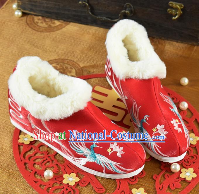 China National Embroidered Phoenix Shoes Red Cloth Shoes Traditional Wedding Shoes