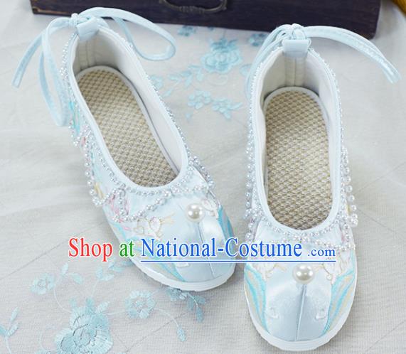 China National Beads Shoes Traditional Hanfu Shoes Women Light Blue Embroidered Shoes