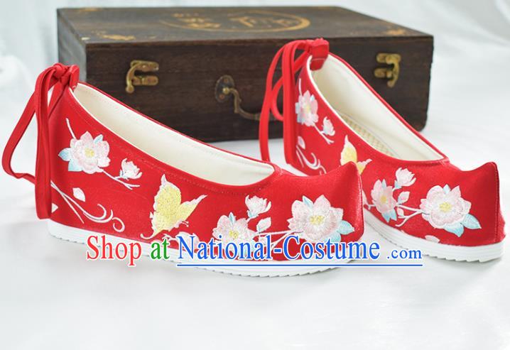 China National Wedding Shoes Women Red Cloth Shoes Traditional Hanfu Bow Shoes Embroidered Peach Blossom Shoes