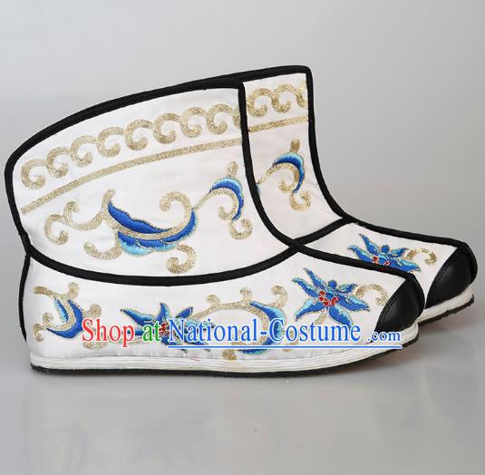 Chinese Handmade Embroidered White Boots Traditional Beijing Opera Martial Arts Men Shoes