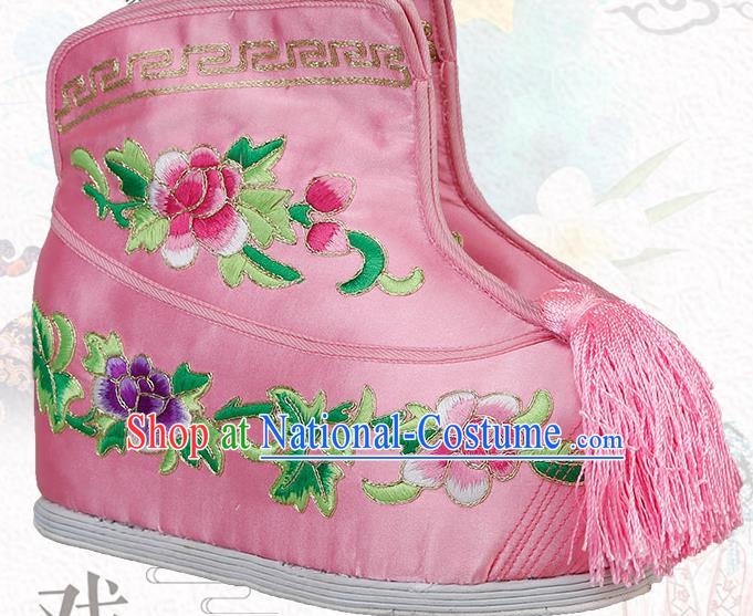 China Ancient Swordswoman Pink Satin Shoes Traditional Peking Opera Blues Embroidered Boots