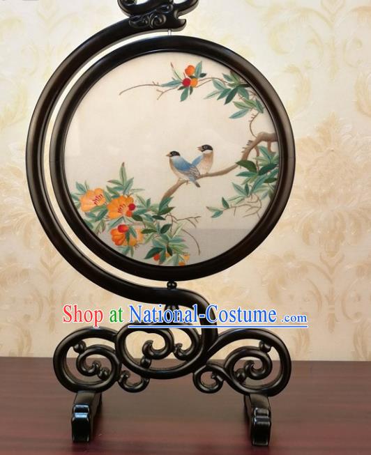 China Handmade Embroidery Silk Craft Traditional Embroidered Begonia Birds Table Screen Ornament