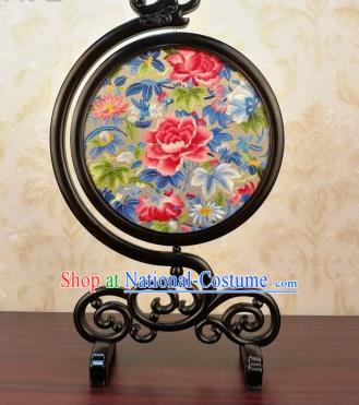 China Handmade Embroidered Peony Flowers Desk Ornament Traditional Blackwood Carving Table Screen