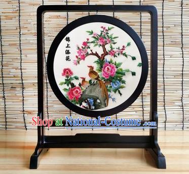 China Handmade Embroidery Craft Traditional Suzhou Embroidered Pheasant Peony Table Screen Ornament