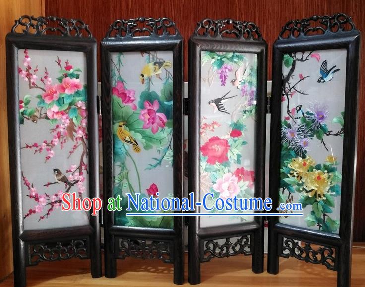 Chinese Embroidery Plum Lotus Peony Chrysanthemum Desk Ornaments Handmade Rosewood Carving Folding Screen