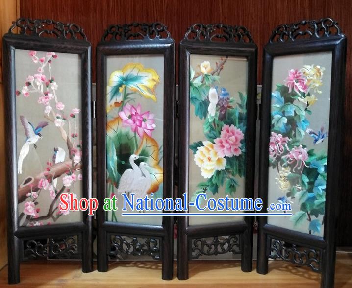 Chinese Handmade Rosewood Craft Folding Screen Suzhou Embroidery Plum Lotus Peony Chrysanthemum Desk Ornaments