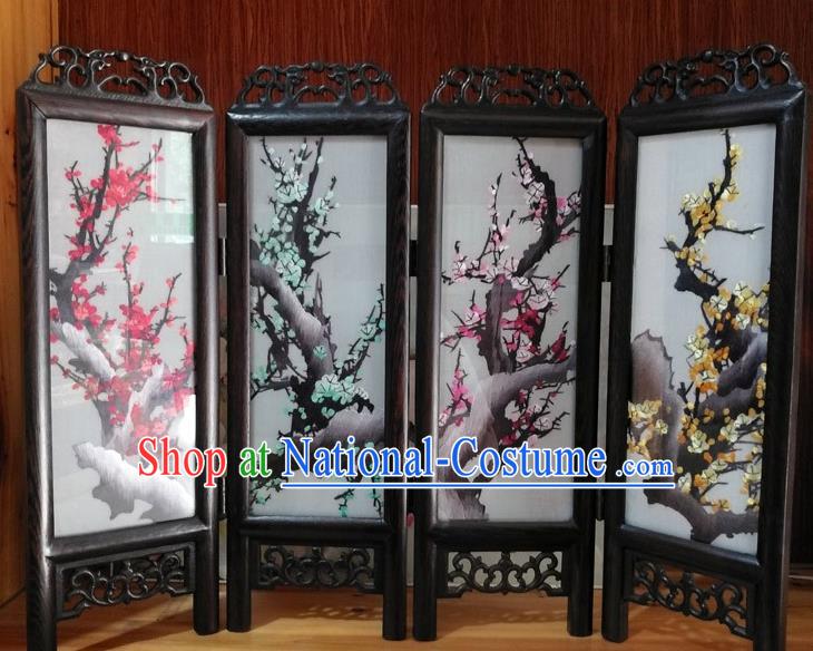 Chinese Handmade Rosewood Craft Suzhou Embroidery Plum Blossom Silk Folding Screen Desk Ornaments