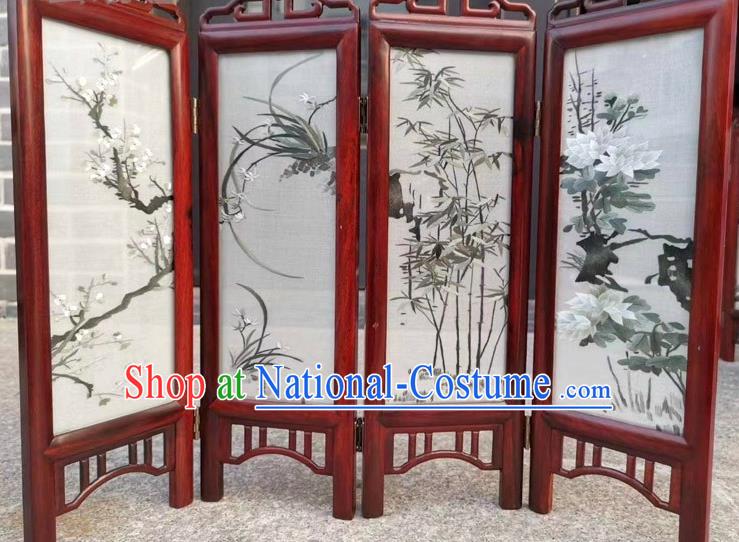 Chinese Handmade Rosewood Desk Folding Screen Double Side Embroidery Plum Blossom Orchids Bamboo Chrysanthemum Table Screen