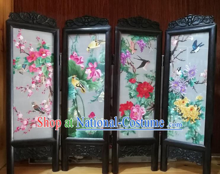 Chinese Suzhou Embroidered Plum Lotus Peony Chrysanthemum Table Screen Traditional Blackwood Folding Screen